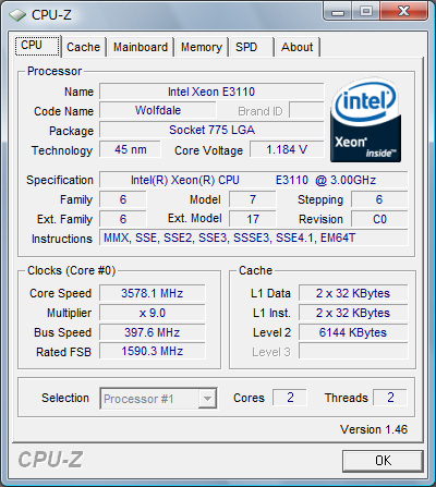 CPU-Z P5Q Deluxe Xeon E3110 - CPU @ 3.6GHz
