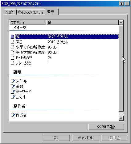 Picasa RAW現像後の画像プロパティ